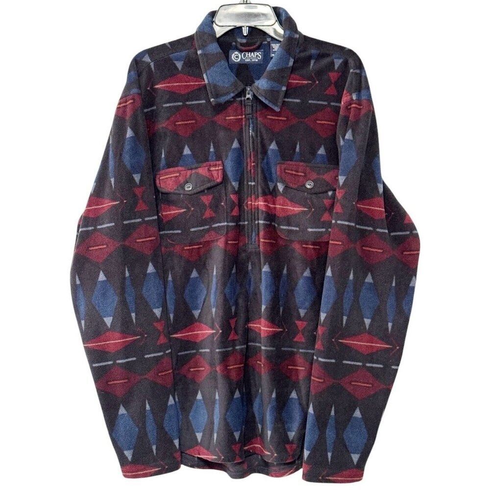 Chaps Men Fleece Pullover‎ Shirt Jacket Aztec Western Navy Blue Shacket Dad L
